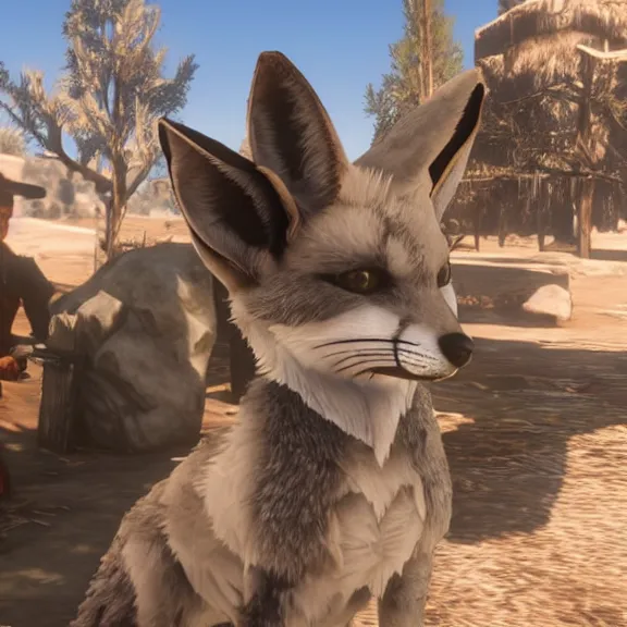Image similar to a blue fennec fox furry in a fursuit in red dead redemption 1