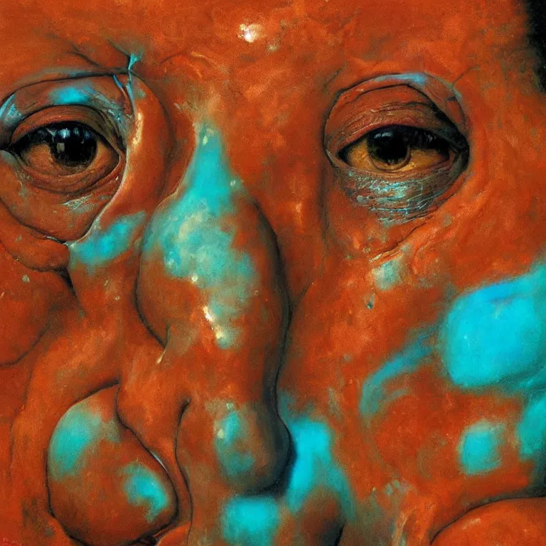 Prompt: Hyperrealistic intensely colored close up studio Photograph portrait of bioluminescent Senator Ted Cruz, symmetrical face realistic proportions eye contact golden eyes, Smiling in a coral reef underwater, award-winning portrait oil painting by Norman Rockwell and Zdzisław Beksiński vivid colors high contrast hyperrealism 8k