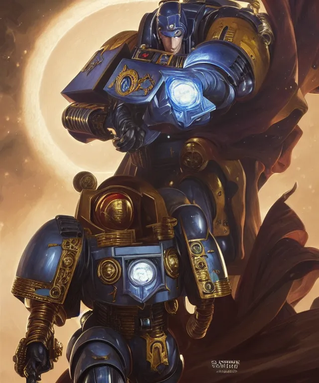 Image similar to Matt Smith Doctor Who as Warhammer 40k Space Marine, portrait, fantasy, intricate, elegant, highly detailed, digital painting, artstation, concept art, smooth, sharp focus, illustration, art by artgerm and greg rutkowski and alphonse mucha