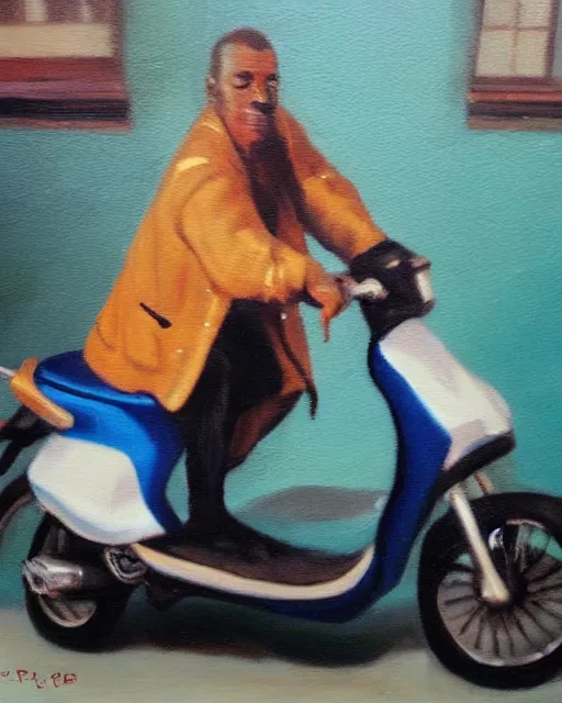 Image similar to kayne riding moped, aged oil painting by le pho