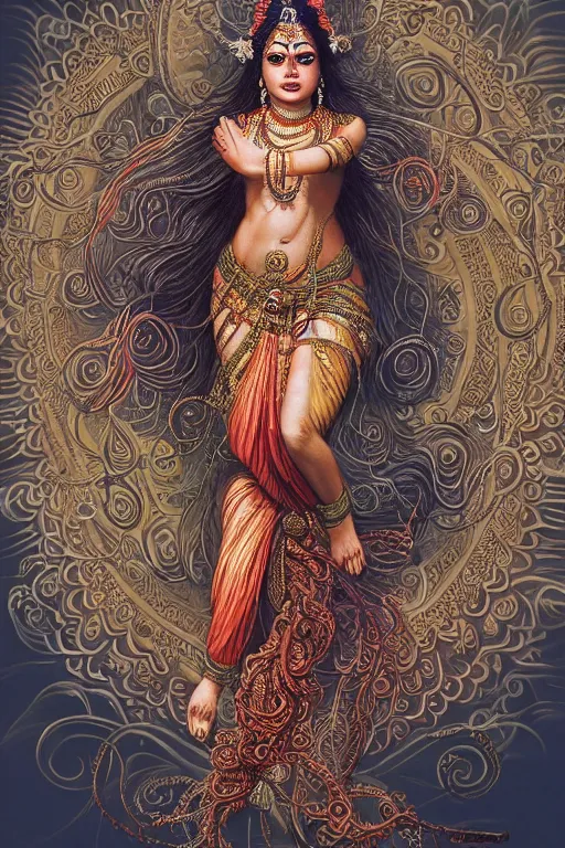 Prompt: an immaculate render of a dancing indian goddess adorned with leaves and cables and bird wings, dancing in a temple surrounded by wild tentacles made from mandalas and incense smoke, full body, perfect face, powerful, cinematic, beautifully lit, by artgerm, by karol bak, by android jones, 3 d, trending on artstation, octane render, 8 k