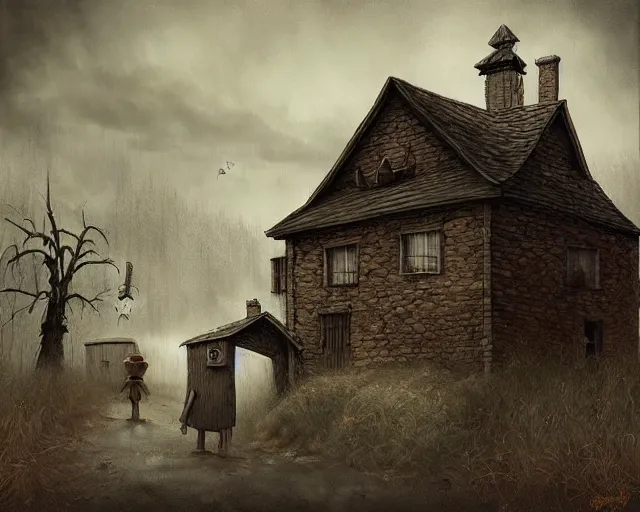 Prompt: a painting of an eerie small village where bizarre otherworldly creatures are walking around going about their day, by anton semenov