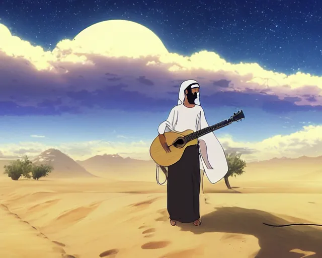 Image similar to an arab playing oud in the desert with a storm, makoto shinkai, loish, studio ghibli