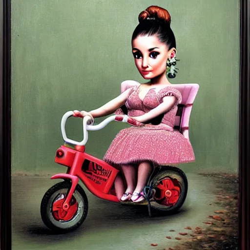 Image similar to Ariana Grande on a tricycle, lowbrow painting by Mark Ryden