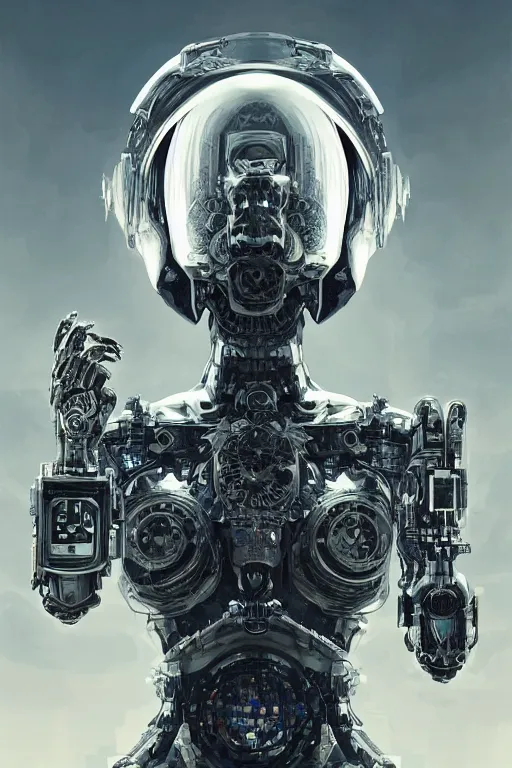 Image similar to a robot holding a human skull, rune-engraved armor, cyberpunk, sci-fi, fantasy, intricate, elegant, highly detailed, digital painting, artstation, concept art, smooth, 8k octane render, extremely hyperdetailed, intricate complexity, sharp focus, illustration, art by artgerm and greg rutkowski and beeple
