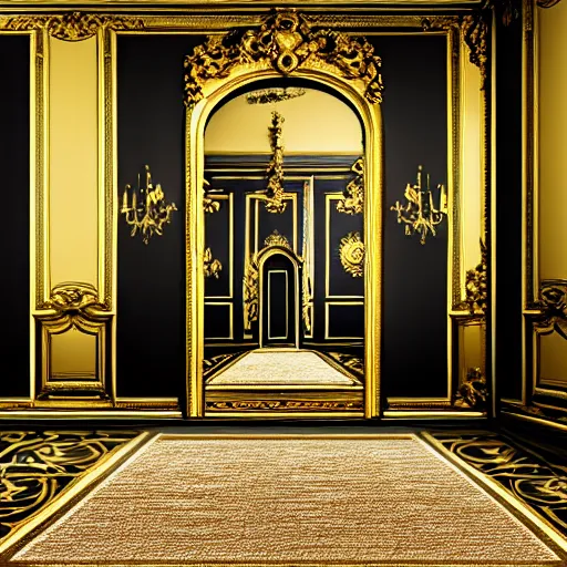 Image similar to parisian interior, dark walls, gold accents, interior design, thick carpet, hyperrealistic, hyperdetailed, super detailed, uhd, uhd, 8 k, high resolution,