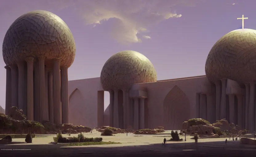 Image similar to exterior shot of utopian ancient persian architecture with cinematic lighting by zaha hadid peter zumthor and renzo piano and frank gehry, darek zabrocki and greg ruthkowski, simon stalenhag, cinematic, holy place, paradise, scifi, futurism, atmospheric, concept art, artstation, trending on artstation