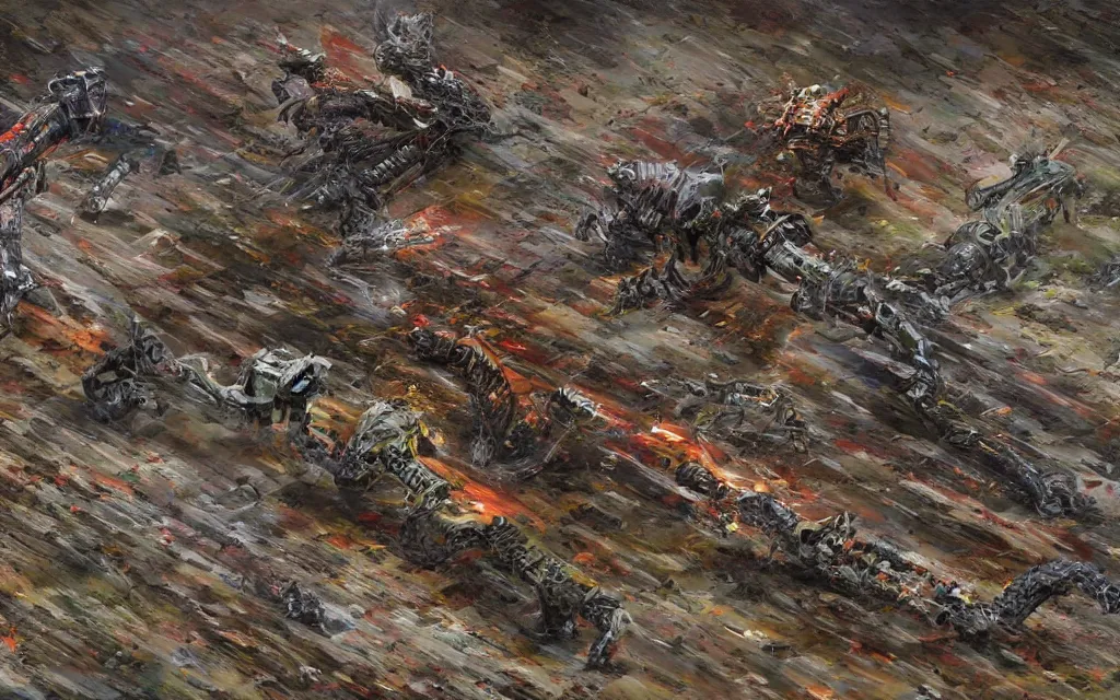 Image similar to giant robot centipede travelling across a broken landscape