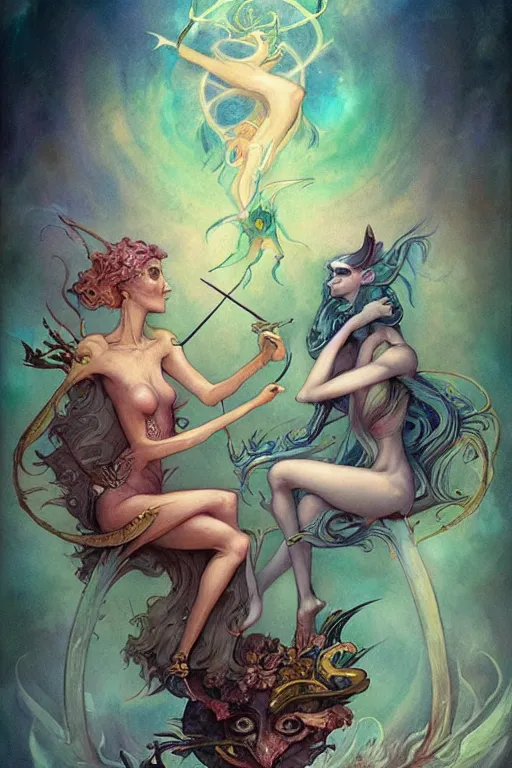 Image similar to an illustrated tarot card of The lovers based on the original rider waite tarot deck, full of colors, insane details, concept art, elegant, by Peter Mohrbacher and brian froud dynamic lighting