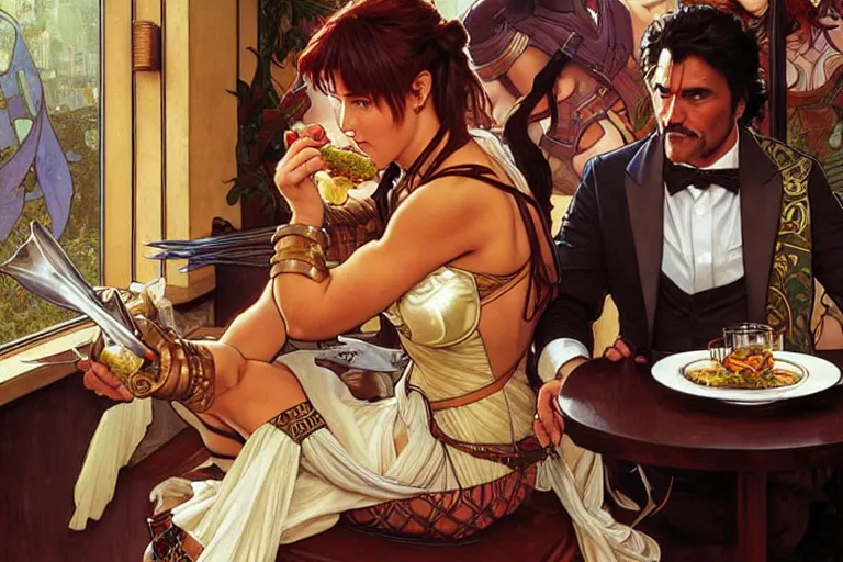 Image similar to xena warrior princess eating at a restaurant, with a hispanic man in a suit as her companion, art by artgerm and greg rutkowski and alphonse mucha