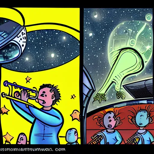 Image similar to aliens playing the trumpet inside a spaceship with windows showing a space full of tiny stars, as a bilal enki comic