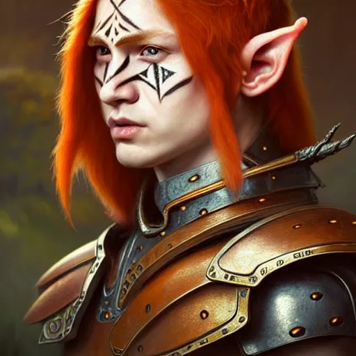 Image similar to portrait painting of very young elf with short light orange hair and tribal tattoos on his face wearing fur armor, ultra realistic, concept art, intricate details, eerie, highly detailed, photorealistic, octane render, 8 k, unreal engine. art by artgerm and greg rutkowski and charlie bowater and magali villeneuve and alphonse mucha