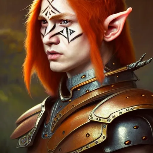 Prompt: portrait painting of very young elf with short light orange hair and tribal tattoos on his face wearing fur armor, ultra realistic, concept art, intricate details, eerie, highly detailed, photorealistic, octane render, 8 k, unreal engine. art by artgerm and greg rutkowski and charlie bowater and magali villeneuve and alphonse mucha