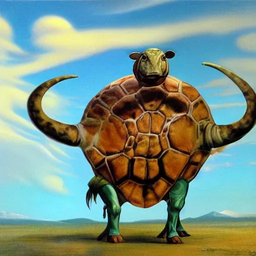 Prompt: a cow with turtle costume, surrealism, painting by boris vallejo and michael whelan