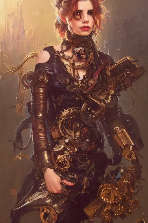 Image similar to emma roberts a baroque steampunk, augmented cyborg, half body, d & d, fantasy, intricate, elegant, highly detailed, colorful, vivid color, digital painting, artstation, concept art, art by artgerm and greg rutkowski and alphonse mucha and ruan jia