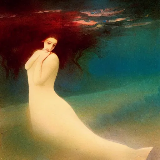 Prompt: woman underwater photography with a long flowing dress, flowing hair, burnt skin, and different colored multi-colored eyes by Ivan Aivazovsky and Odilon Redon, award winning, epic, cosmic, dreamy, underwater