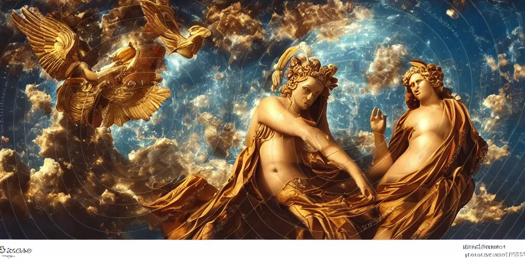 Prompt: majestic neorococo sistina saint Woman Venus godness Athena beautiful gracious pagans marble and gold in space stars clouds doves suns greeks Hyperion