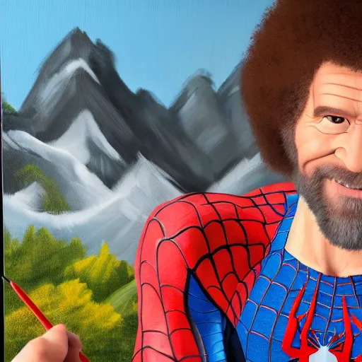 Image similar to a closeup photorealistic photograph of bob ross working on a canvas painting of spiderman. film still. brightly lit scene. mountains and trees. this 4 k hd image is trending on artstation, featured on behance, well - rendered, extra crisp, features intricate detail, epic composition and the style of unreal engine.