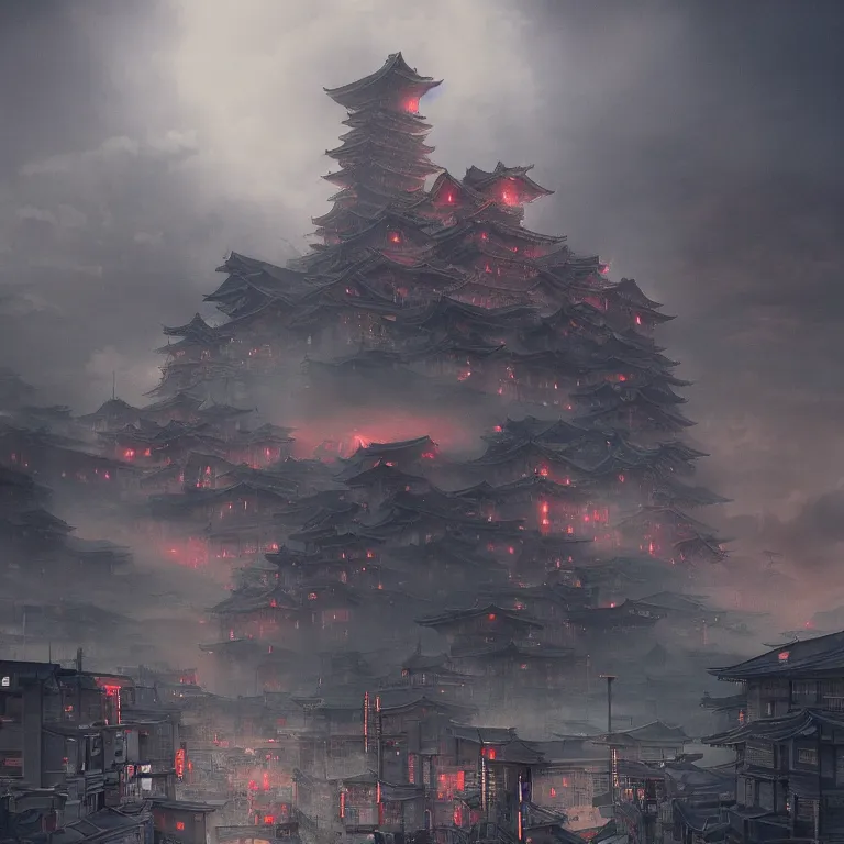 Image similar to evil robot attacking feudal japan city, moody sky, dramatic lighting, painted by James Jean and Wayne Barlowe and moebius, high details , cinematic, denoised, octane render, fog, spooky, cgsociety 8k