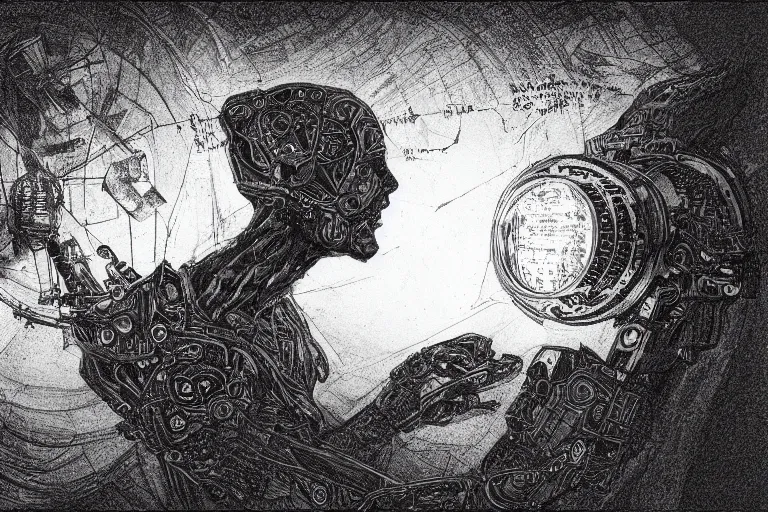 Image similar to intricate and dramatic sketch of a conspiracy theory, hyperdetailed, 80mm lens, by Greg Rutkowski and WLOP, white and red ink sketch on black paper