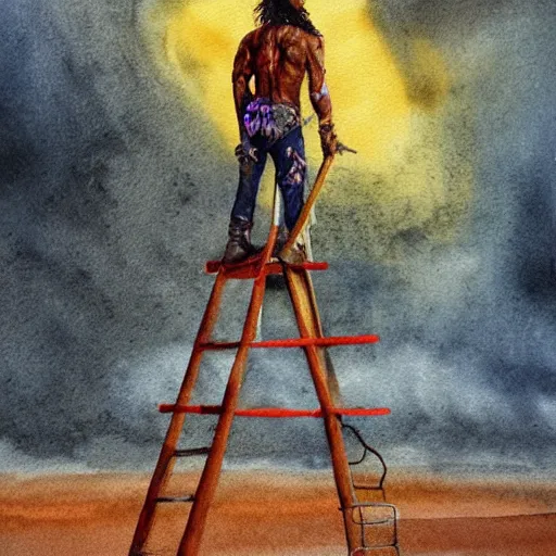 Image similar to randy savage with a ladder posing in desolate wasteland | fantasy watercolour painting | middle earth | conan | barbarian