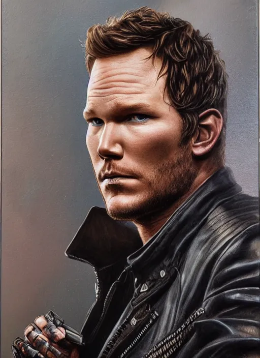 Image similar to portrait of chris pratt, very serious, gritty, dark, wearing a black leather jacket, hyperrealistic, very detailed painting by Glenn Fabry, by Joao Ruas, by Artgerm