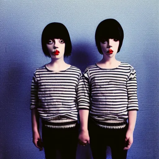 Prompt: polaroid photo :: creepy twin boys wearing striped clothes, black background:: by Martine Johanna and Simon Stålenhag and Chie Yoshii and Casey Weldon and Guillermo del toro :: ornate, dynamic, particulate, intricate, elegant, highly detailed, centered, artstation, smooth, sharp focus, octane render, 3d