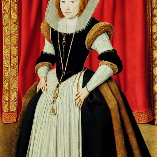 Image similar to a highly detailed portrait of taylor swift, wearing elegant tudor clothes, inside a room with thick red tapestries, oil painting by hans holbein and alessandro allori and richard burbage