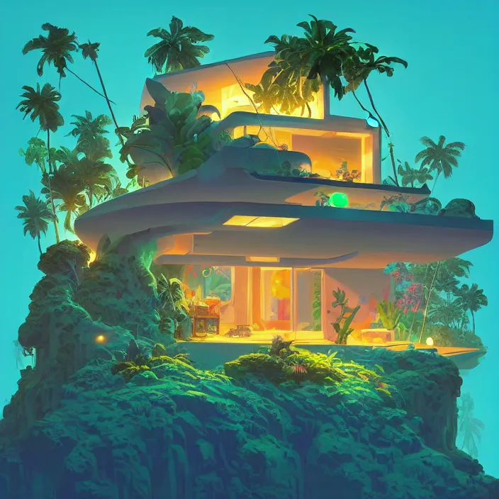 Image similar to a luminescent tropical cottage by paolo eleuteri serpieri and tomer hanuka and chesley bonestell and daniel merriam and tomokazu matsuyama, unreal engine, high resolution render, featured on artstation, octane, 8 k, highly intricate details, vivid colors, vector illustration