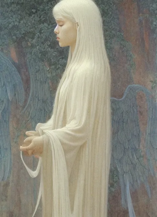 Prompt: thin young beautiful angel with silver hair, pale!, wearing white robes!, wearing hair, golden goddess, young adorable korean face, silver hair!!, oil on canvas, style of jean delville, 4 k resolution, aesthetic!,