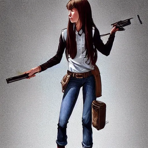 Prompt: portrait of a brunette thin teenager girl with blue eyes wearing school uniform, aims his spas-12 shotgun at you, light stubble, digital art,photorealistoc,art by greg rutkowski,hyperdetailed,western comic style,comic,comic style,sharp lineart,professional lighting,deviantart,artstation,trevor henderson,rossdtaws,cinematic,dramatic