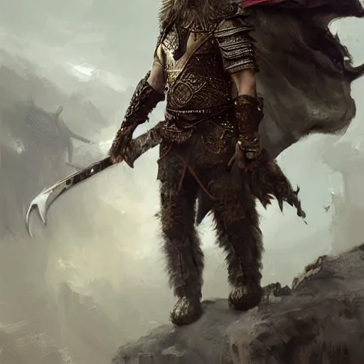 Image similar to An upper body portrait of a king with a trimmed beard, dual wielding swords, wearing dragonscale armor and a cheetah pelt cloak, fantasy, digital art by Ruan Jia