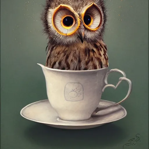 Prompt: long shot of a very cute young owl sitting in a tea cup, by esao andrews, by james jean, marc simonetti, humorous illustration, hyperrealistic, big depth of field, fresh colors, dim light, 3 d octane render conceptart, 4 k, hyperdetailed, trending on artstation