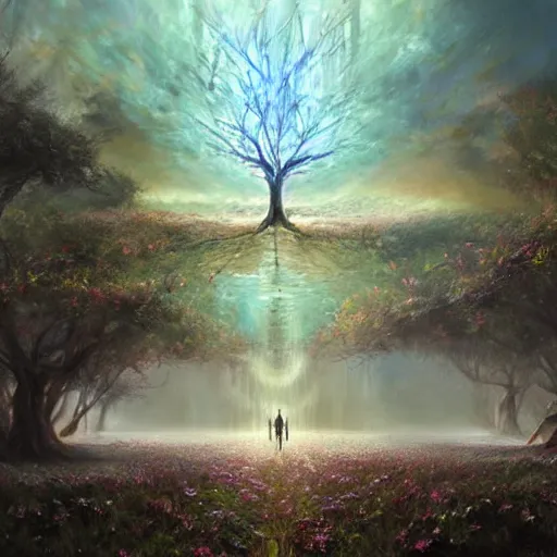 Prompt: Tree of life, epic scene, paint by Raymond Swanland
