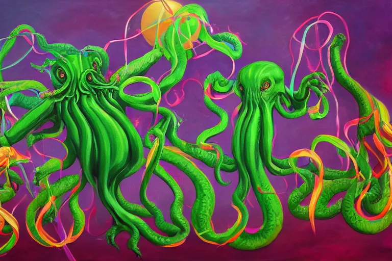 Image similar to cthulhu\'s birthday party with streamers and cake, 4k, oil painting, trending on artstation