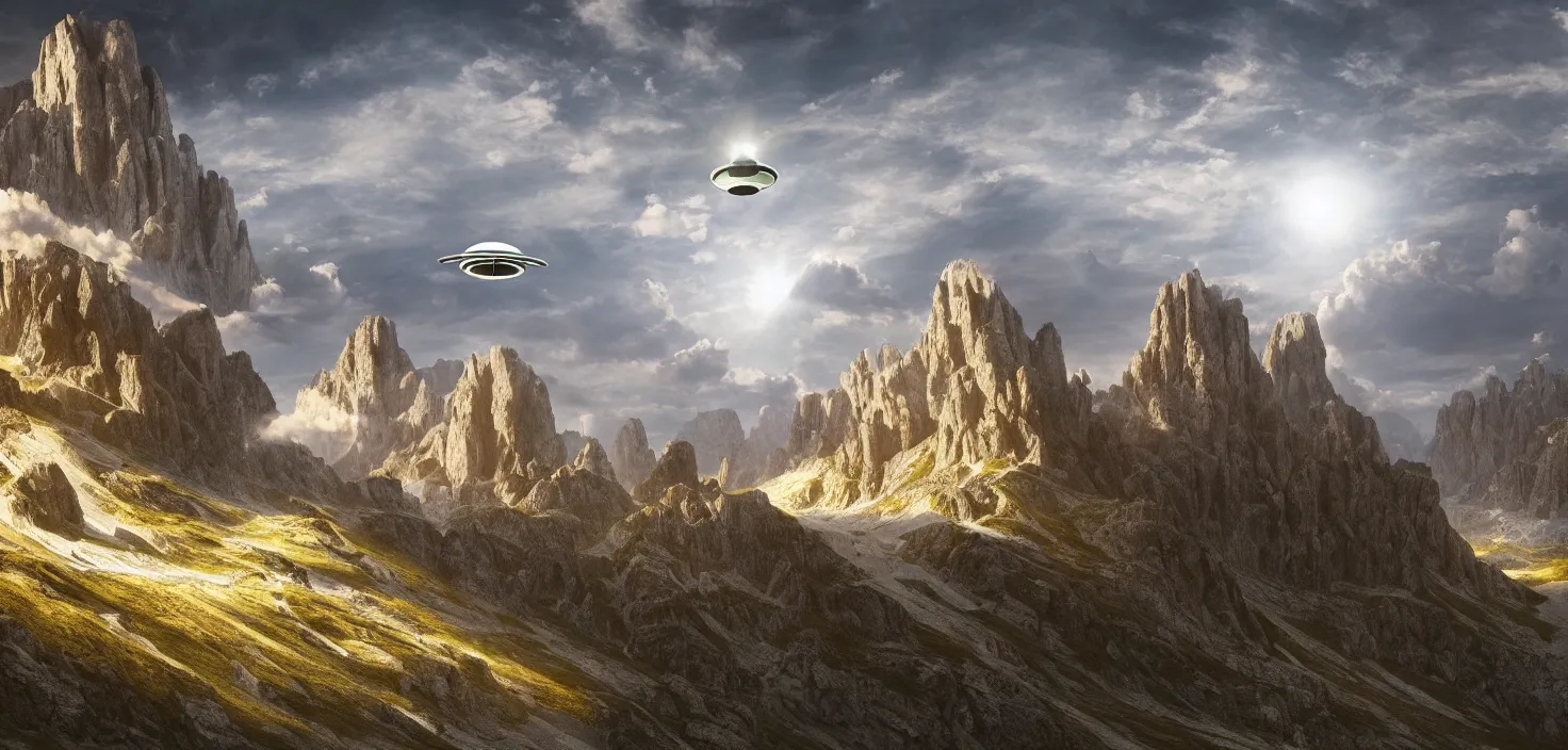 Prompt: hyperrealist highly detailed neo-baroque photography of ufo flying over the dolomites concept art pascal blanche dramatic studio lighting 8k wide angle shallow depth of field