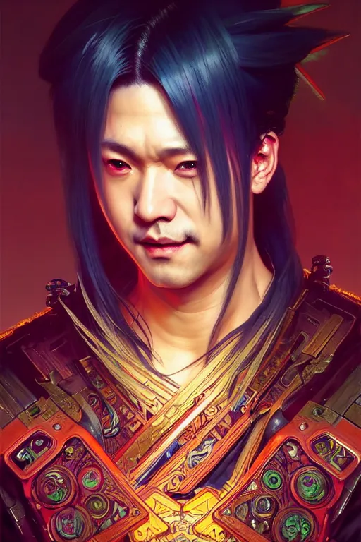 Image similar to painting of got 7 bam bam cyberpunk samurai smiling, ultra realistic, concept art, intricate details, eerie, highly detailed, photorealistic, octane render, 8 k, unreal engine. art by artgerm and greg rutkowski and magali villeneuve and alphonse mucha