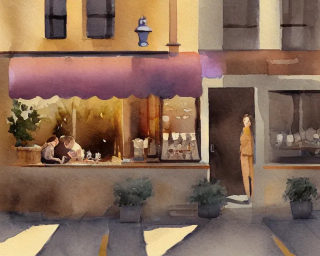 Prompt: a coffee shop smooth light color watercolor illustration by dziuba evgeniya trending on artstation