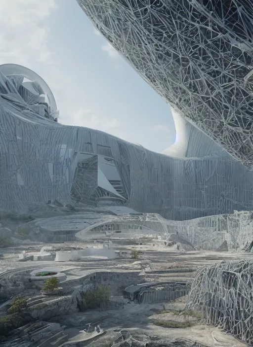 Image similar to bioremediation white mining tailing futuristic architecture in chuquicamata, epic, cinematic, hyperealistic, high detailed, corona render, hdr, ray tracing