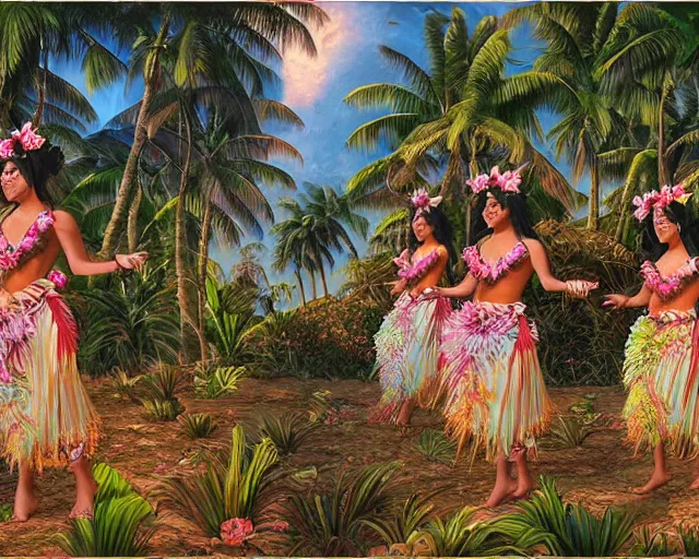 Prompt: highly detailed matte painting of beautiful dancing hawaiian girls wearing traditional island dresses with flowers, palm trees by android jones