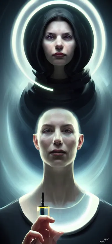 Image similar to a portrait art of a female scientist in a laboratory holding a small black hole in her hands, inspired art by istvan sandorfi and greg rutkowski, concept art, stylised, elegant, illustration, high quality, highly detailed, long hair, digital art, pinterest