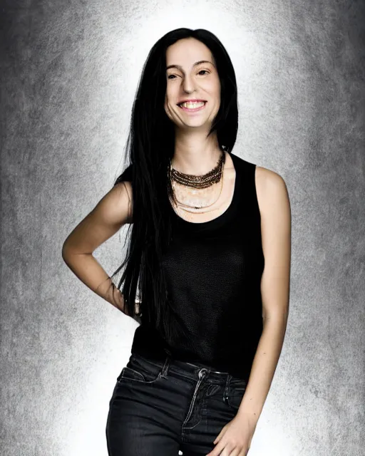 Image similar to a portrait of a beautiful Young female with long disheveled black hair, beautiful and smiling, sweet looks, white skin and reflective eyes, black tank top, black leather shiny jeans, an ankh necklace white colors in the background, by David Lazar and Annie Leibovitz 500px photos, top cinematic lighting , cinematic mood, very detailed, shot in canon 50mm f/1.2