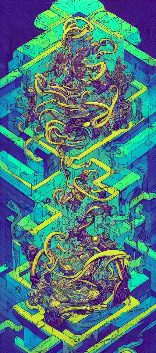 Image similar to arcane twisted turn of fate abstraction, centered award winning ink pen illustration, isometric abstract illustration by dan mumford, edited by craola, technical drawing by beeple and tooth wu, tiny details by artgerm and watercolor girl, symmetrically isometrically centered