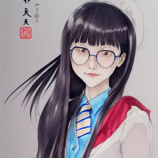 Image similar to a perfect, realistic professional digital sketch of a Japanese schoolgirl in style of Marvel, full length, by pen and watercolor, by a professional Chinese Korean artist on ArtStation, on high-quality paper