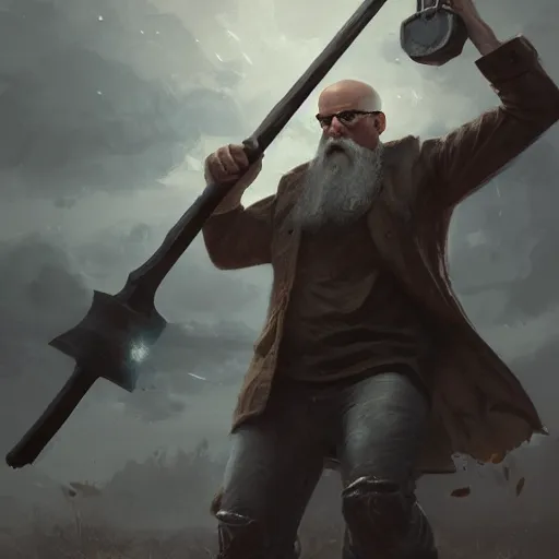 Prompt: concept art, of [ bald man with square glasses and short beard ] holds a huge oversized hammer, front shot!!!, detailed, dark concept art, dark skies painting by wlop, nixeu and greg rutkowski, beautiful, semirealism, artstation, octane render, oil painting, sharpness, 8 k, golden ratio