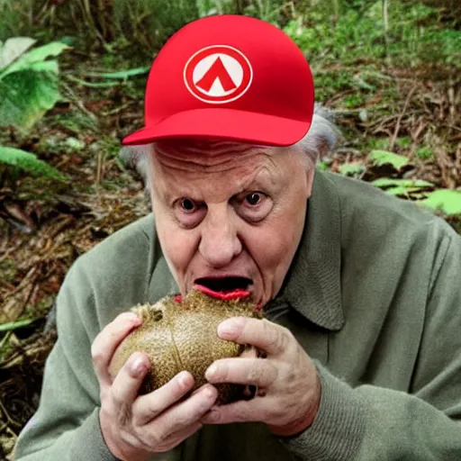 Image similar to david attenborough crawling on the ground, eyes rolled back, wearing red clothes, solid red super mario hat, eating a big red mushroom with white dots, in a forest