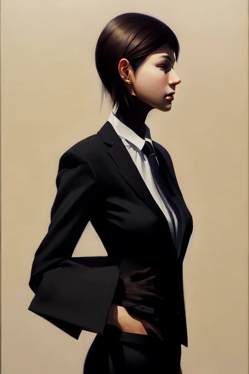 Image similar to a ultradetailed beautiful portrait panting of a stylish woman wearing a black loose fit suit with a tie, oil painting, by ilya kuvshinov, greg rutkowski and makoto shinkai, trending on artstation