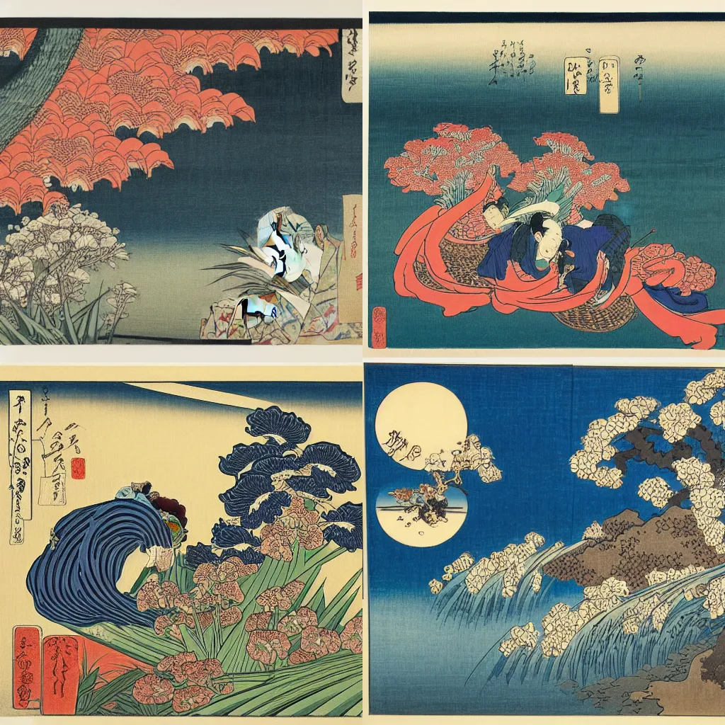 Prompt: an amazing ukiyoe drawing of a poetic scene with irises by katsushika hokusai and utagawa hiroshige, masterpiece, hyperdetailed!!!, intricate, complex, 4 k