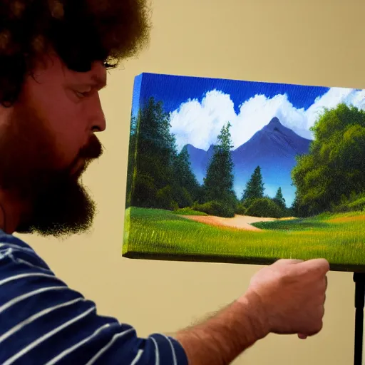 Image similar to a closeup photorealistic photograph of bob ross working on an image of kenny powers autographing a baseball on a canvas. mountains and trees. film still. brightly lit scene. this 4 k hd image is trending on artstation, featured on behance, well - rendered, extra crisp, features intricate detail, epic composition and the style of unreal engine.