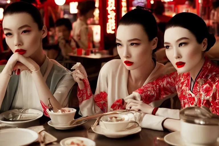 Image similar to movie interior closeup beautiful Chinese fashion model team closeup joking at 50s diner, night in the city, beautiful skin, by Emmanuel Lubezki